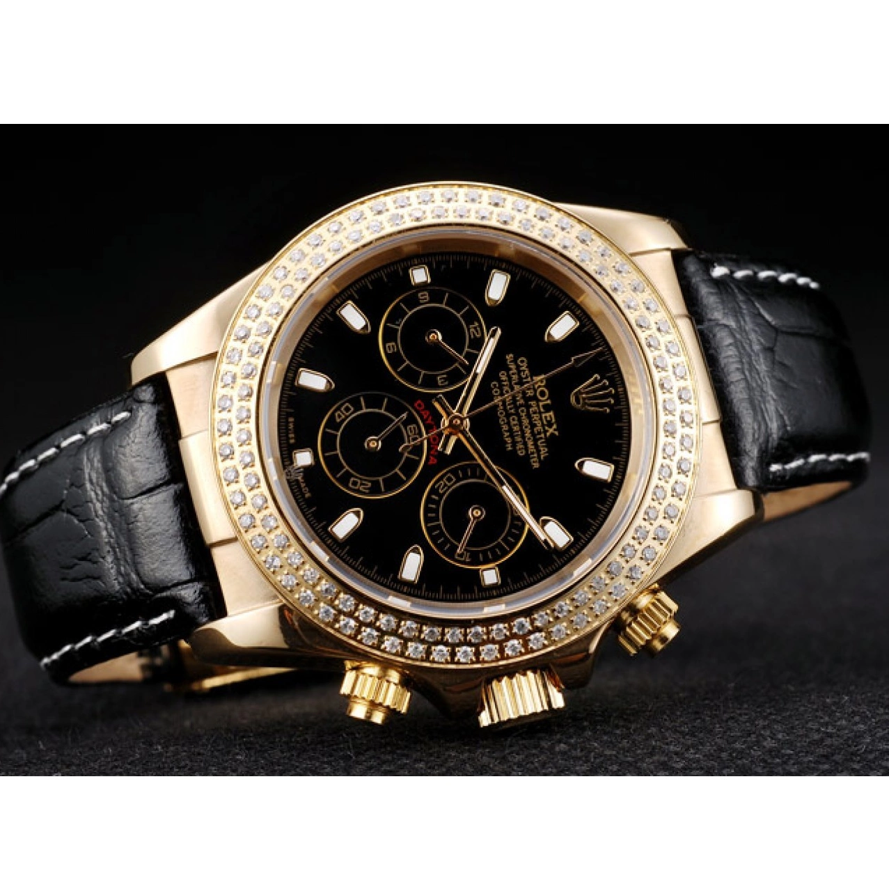 AAA replica watch Rolex Crystal Case Bezel Dial Gold Daytona Black Studded 0716